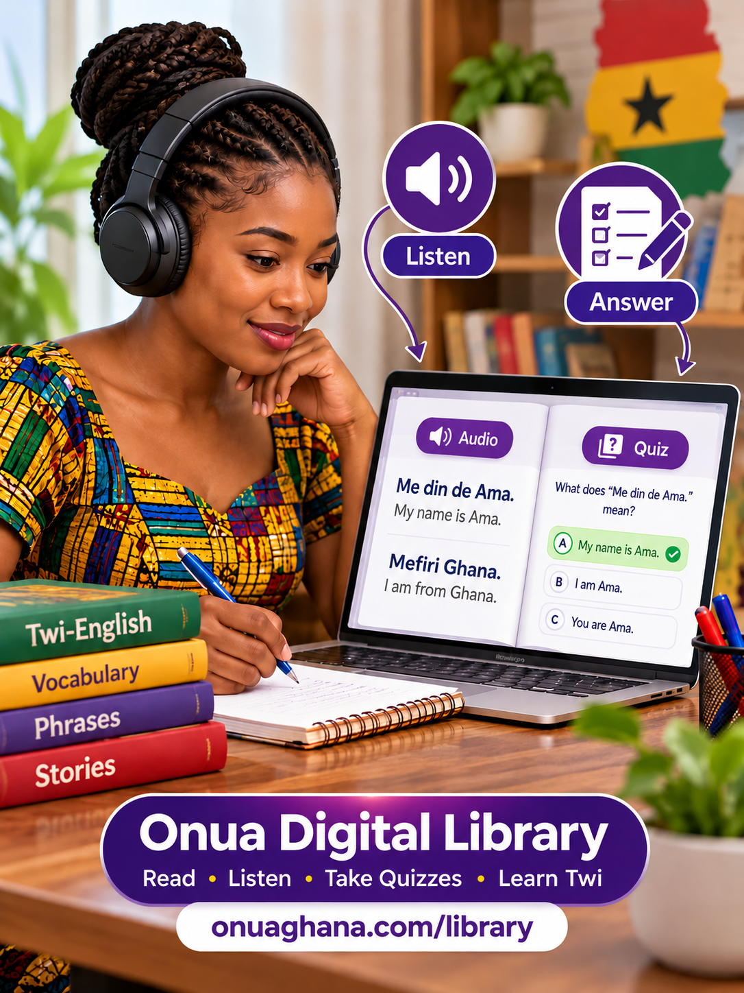 wi learner practising listening and completing interactive quizzes in Onua Digital Library